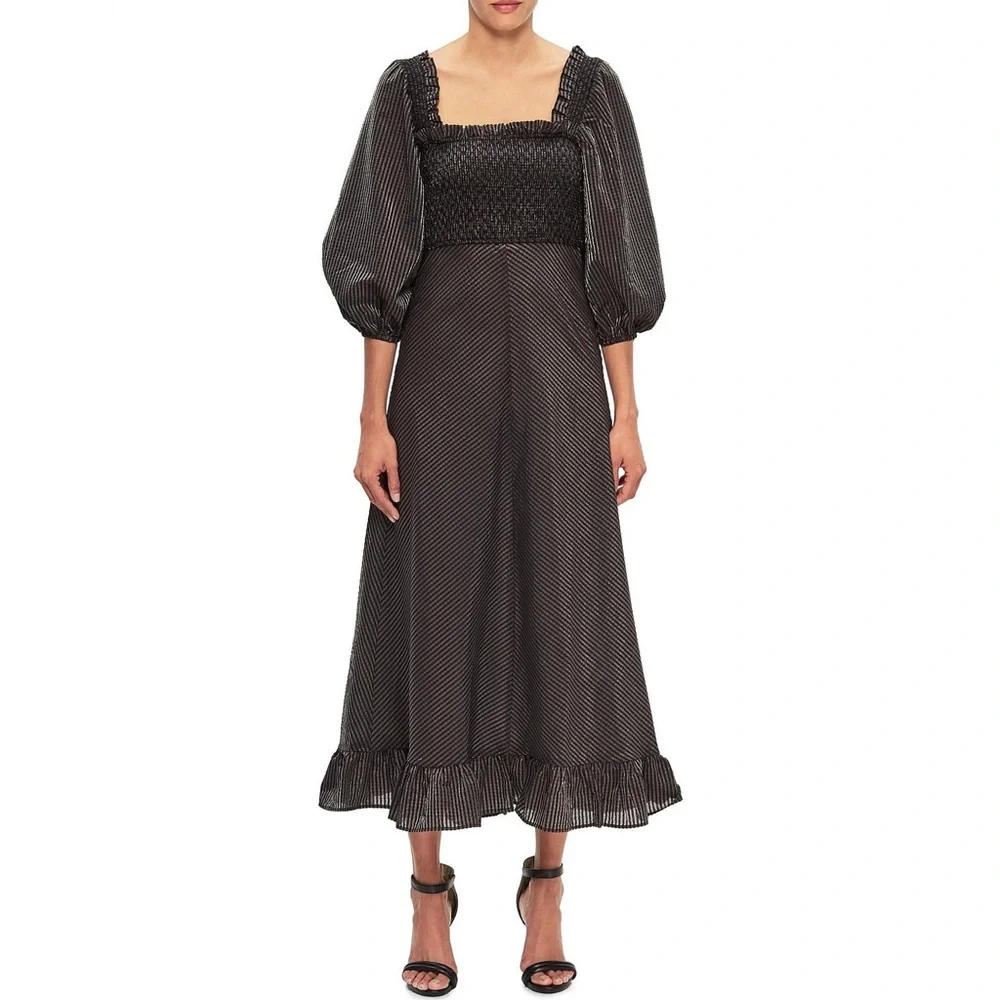 NWT 🖤 GANNI Seesucker Puff-Sleeve Midi Dress - Picture 4 of 12